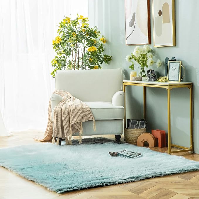 Ashler Faux Fur Rug, Fluffy Shaggy Area Rug Ultra Soft 5 x 7 Feet Rectangle Fur Frosted Bottom Spring Green Fuzzy Rug Machine Washable, Nursery Decor Throw Rugs for Bedroom, Living Room