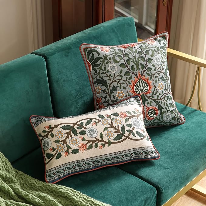 ISAENNE Vintage Linen Throw Pillow Cover,Set of 2,20"x12"-Naples C | Designer French Elegant Pillow Cover,Concealed Zipper Design,Floral Pattern,Sofa,Bedroom,Living Room,Lounge Chairs