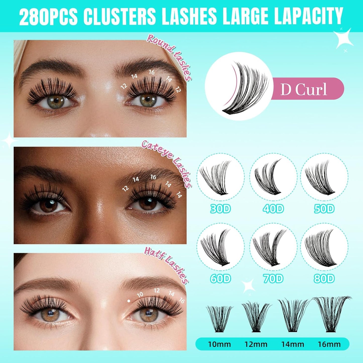 Lash Clusters Wispy 280PCS Eyelash Extension 60D Cluster Lashes Individual Lashes DIY Lash Extension Natural Look Cluster Eyelash Extensions Soft False Eyelashes at Home for Beginners(12mm)