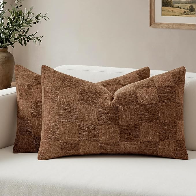 a moment Set of 2 Decorative Linen Throw Pillow Covers,Large Grid Textured Neutral Boho Farmhouse Cushion Covers,Soft Aesthetic Pillowcases for Couch Sofa Living Room Home Decor,20x12 Inch,Hazal