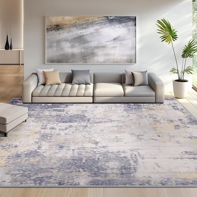 RELEANY Washable Area Rugs 5'x8' Non-Slip Modern Abstract Soft for Living Room Entryway Bedroom Kitchen, Print Pattern, Purple Grey Cream Yellow