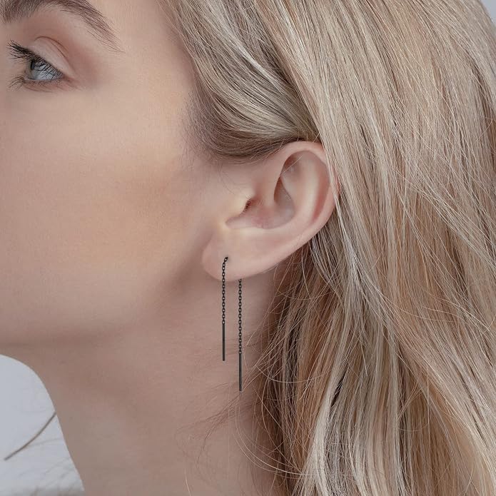 3 Pairs Threader Earrings 925 Sterling Silver Long Chain Earrings Bar/Ball Wrap Threader Drop Earrings for Women Lightweight Minimalist Mother's Day Jewelry Set