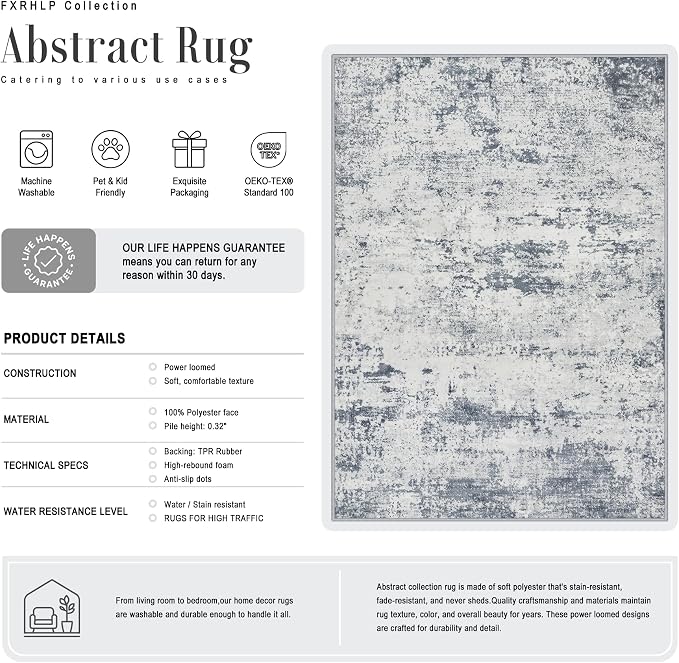 9x12 Area Rug Living Room Rug: Washable Modern Abstract Soft Thin Rug Indoor Floor No Slip Carpet for Bedroom Dining Room Farmhouse Nursery Home Office - Blue Grey