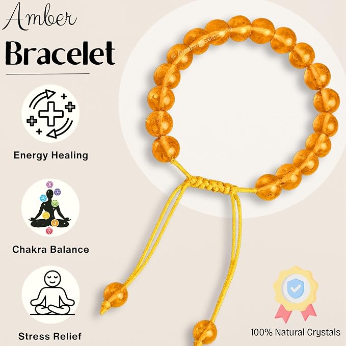 Amazing Gemstone Amber Quartz Bracelet for Women Men's Gifts - Protection Healing Crystal Bracelet - 8mm Gemstone Beaded Adjustable Bracelet Pulseras para Hombres Mujer Stocking Stuffers