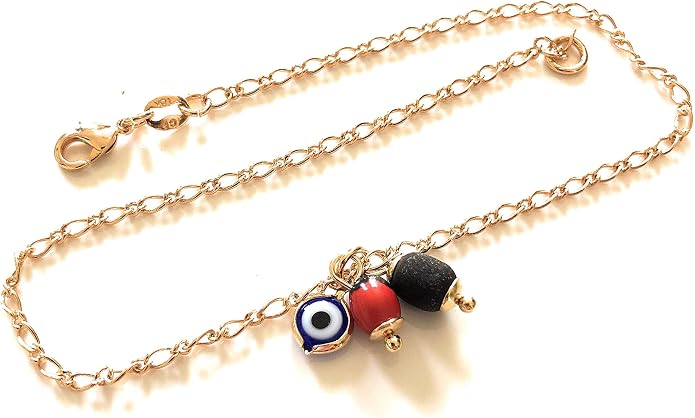 SIFRIMANIA Anklets for Women 18K Gold Plated Figaro Chain Jet Stone and Evil Eye Charm