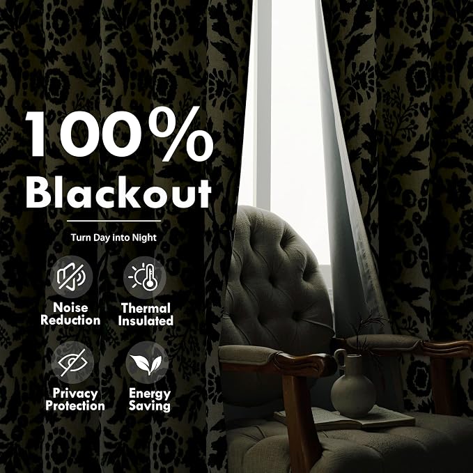 DriftAway Julia 100% Blackout Curtains Grommet 2 Panels, W52xL84, Green | Floral Curtains, Bedroom, Living Room, Linen Blend, Watercolor Pattern, 2 Layers, Thermal Insulated, Window Treatment