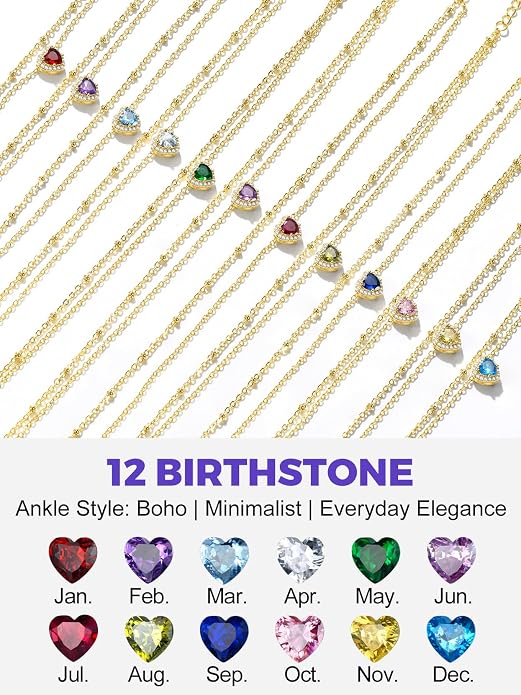 Richsteel Double Layer Heart/Butterfly Birthstone Anklet for Women Non Tarnish Waterproof, Silver/Gold/Black Stainless Steel 8.5-10.5 Inch Adjustable Chain Anklets Jewelry Gifts for Her
