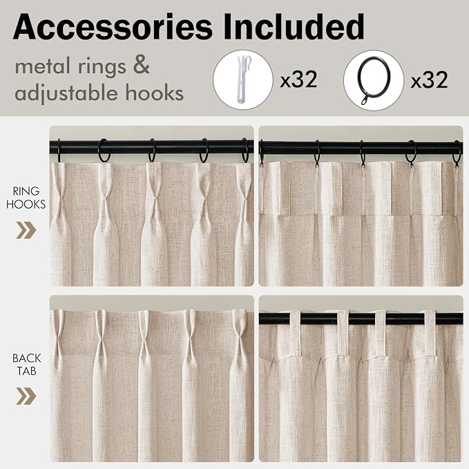 MIULEE 4 Panels Set Pinch Pleated Linen Curtains 108 Inches Length for Living Room Bedroom, Extra Long Pinch Pleat Drapes Back Tab Light Filtering Linen Foor to Ceiling Curtains with Hooks&Rings