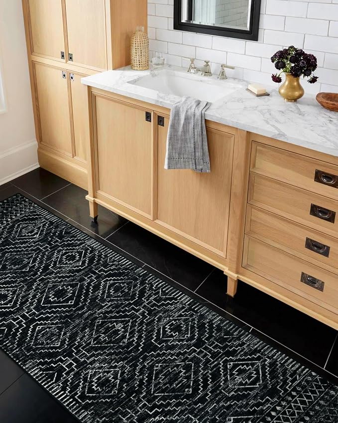 Wonnitar Moroccan Runner Rugs for Hallway 2'6"x8', Black Washable Boho Kitchen Non-Slip Rug Runner, Geometric Tribal Long Soft Bathroom Accent Area Rug for Entryway Laundry Bedroom (Black,2'6"x8')