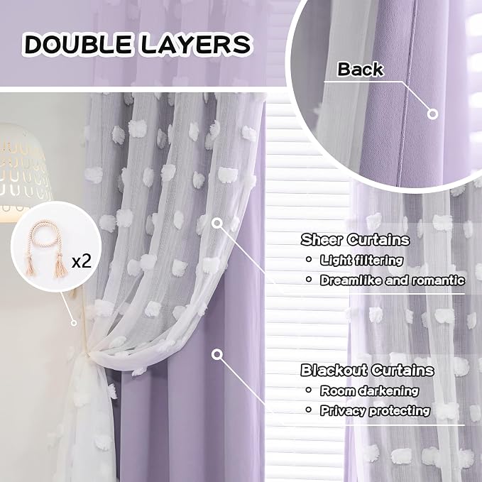 MYSKY HOME Lilac Curtains for Girls Bedroom Nursery Curtain with White Pom Pom Sheer Window Drapes Back Tab Room Darkening Double Layer 63 Inches Length 2 Panels, Light Purple, W52 X L63