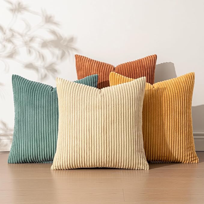 EMEMA Teal Orange Decorative Throw Pillow Covers for Couch Bed Livingroom 18x18 Inch Set of 4 Boho Farmhouse Corduroy Striped Square Pillow Case,Western Modern Cushion Covers Spring Home Decor