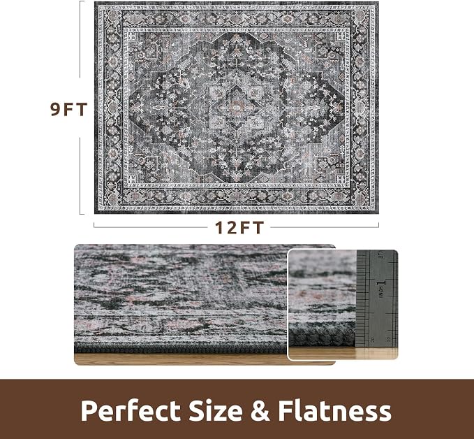 AMOAMI-Area Rug 9X12 Rugs for Living Room-Vintage Soft Black Rugs for Bedroom-Non Slip Carpet-Washable Rug for Dining Room Living Room Bedroom Office Under Table,Dark Grey & Black