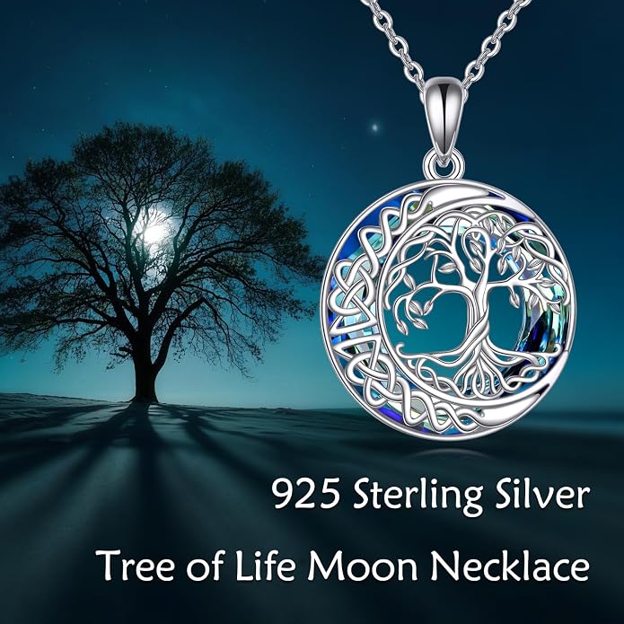POPLYKE Tree of Life Necklace for Women Sterling Silver Celtic Knot Family Tree With Blue/Purple/Volcano Crystal Irish Gifts for Mom Wife Birthday Christmas