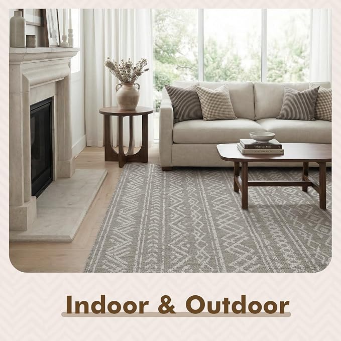 MontVoo-Outdoor Rug-Patio Rug 8x10 Polypropylene Indoor Outdoor Rugs Outdoor Carpet for Patio Deck Balcony Porch, Textured Weave, Durable for High Traffic, Fade-Resistant, Boho Farmhouse Silver Grey