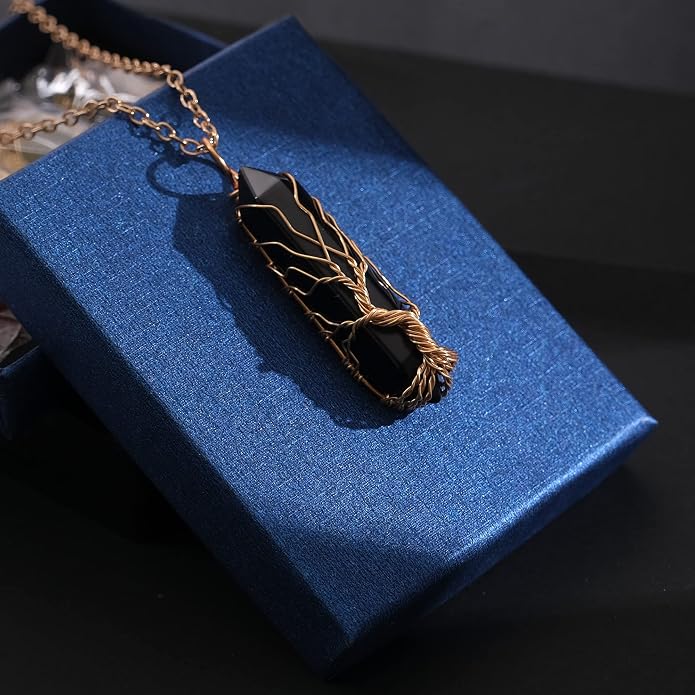 VIBILIA Healing Crystal Necklace Tree of Life Wire Wrapped Natural Stone Point Pendant Necklace Hexagonal Reiki Spiritual Quartz Gemstone Jewelry for Women Men