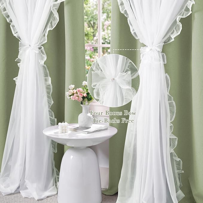 PONY DANCE 100% Blackout Curtains for Girl's Bedroom, Double Layer Grommet Curtain 84 inch Long with Sheer Overlay for Living Room, Nursery Kids Toddler Room Decor, Light Sage, 52" W x 84" L, 2 Panels