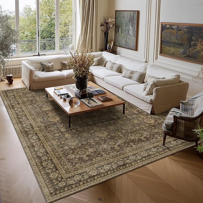 Boho Washable 9x12 Area Rugs for Living Room, Cushioned, Deep Brown | Vintage Non-slip Neutral Oriental Rugs for Bedroom Dining Room Nursery Office High Traffic Area