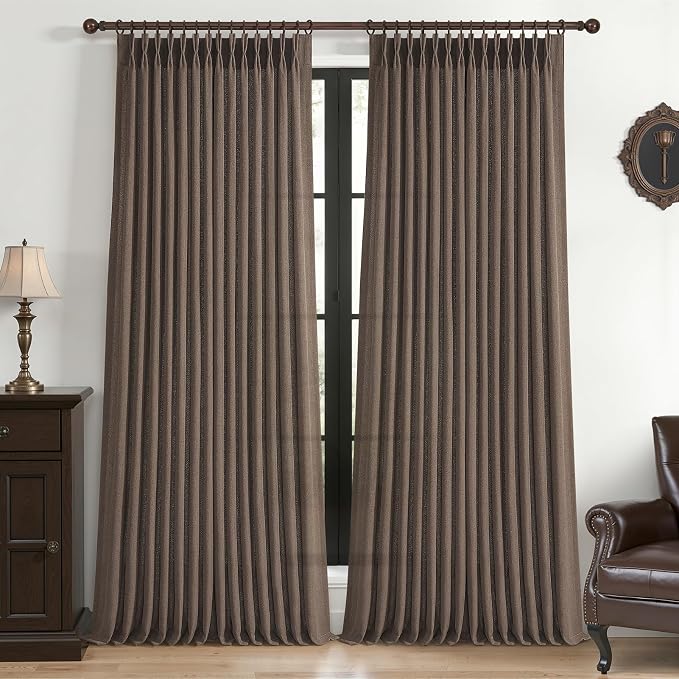 Extra Long 108 Inch Dark Brown Floor to Ceiling Curtains for Living Room, Memory Shape Pinch Pleated Thick Linen Modern Curtain Light Filtering Semi Sheer Luxury Window Drapes 9FT Length 2 Panels Set