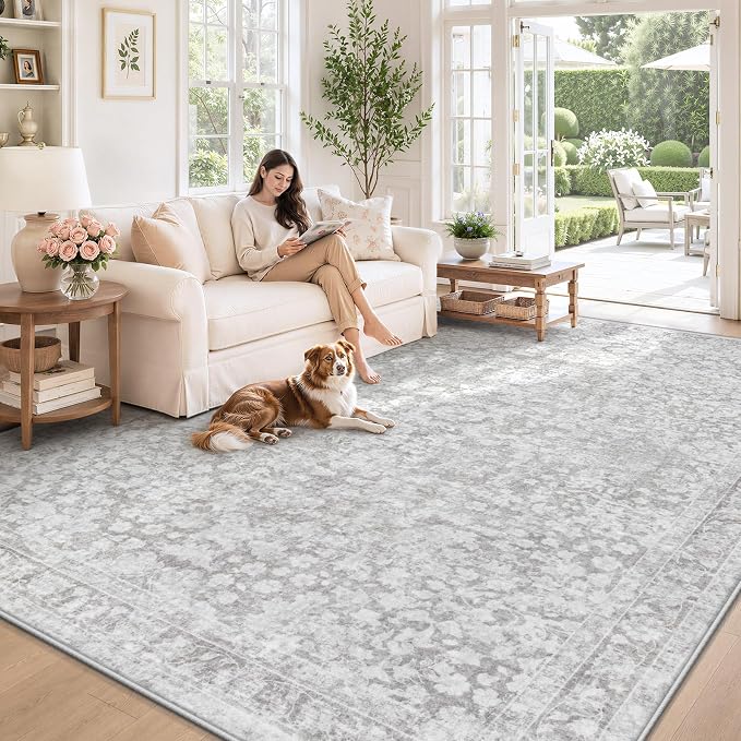 8x10 Area Rugs for Living Room: Boho Vintage Washable Rug Non-Slip Soft Stain Repellent Area Rugs Indoor Low-Pile Large Carpet for Bedroom Office Dining Room Playroom Farmhouse (Grey, 8'x10')