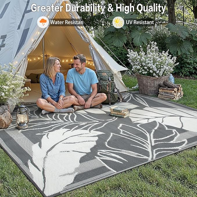 HUGEAR 6'x9' Outdoor Rug Waterproof Plastic Straw Rugs Grey Reversible Olive Leaf Mat Floor Carpet for Camping RV Deck Entryance Porch Picnic Balcony Beach Backyard