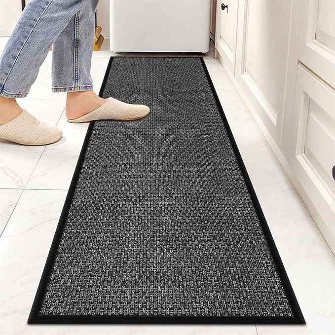 8ft Natural Jute Hallway Runner Rug Non Slip Washable, Rubber Backed Long Black Indoor Entryway Runner, Absorbent Kitchen Carpet Sink Rug