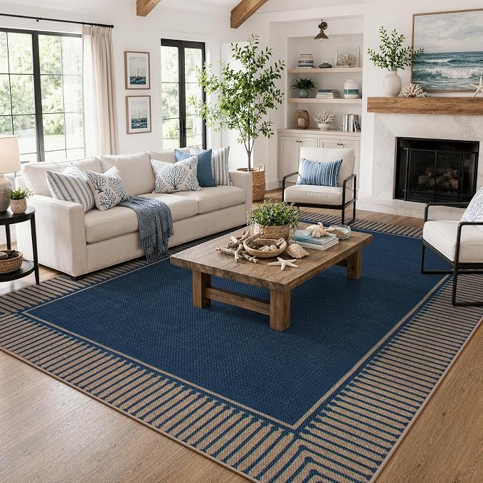Moynesa Easy Jute Outdoor 8x10 Rug, Blue Striped Border Washable Indoor Outdoor Patio Area Rugs, Farmhouse Neutral Non Slip Carpets for Living Room Bedroom Backyard Home Decor