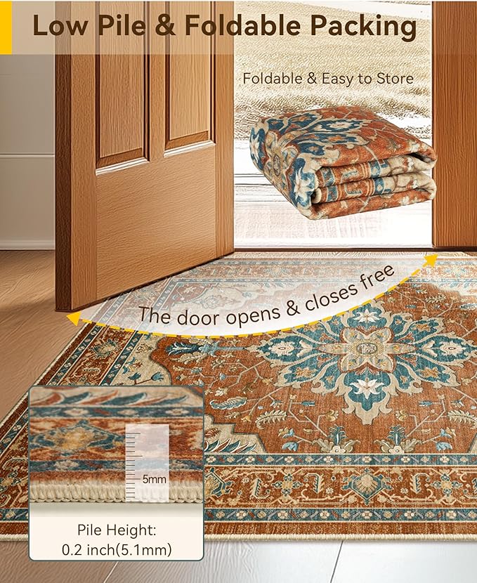 RELEANY Area Rugs 7'x10' Washable Non-Slip, Floral Vintage Distress Medallion Carpet for Living Room Bedroom Dining Room, Red Orange Blue Brown