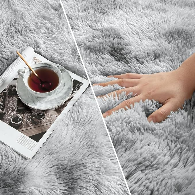 Deerhoo Large Shag Area Rugs 9 x 12, Tie-Dyed Plush Fuzzy Rugs for Living Room, Ultra Soft Fluffy Furry Rug for Bedroom, Indoor Carpet Nursery Rugs for Kids Room Home Decor, Light Grey