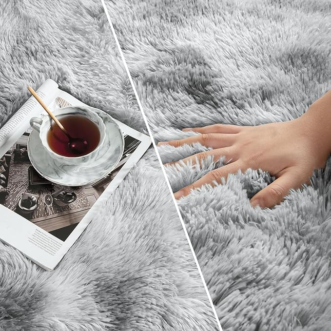 Deerhoo Shag Area Rug, 4 X 6 Tie-Dyed Plush Fuzzy Rugs for Living Room, Ultra Soft Fluffy Furry Rug for Bedroom, Indoor Carpet Nursery Rugs for Kids Room Home Decor, Light Grey