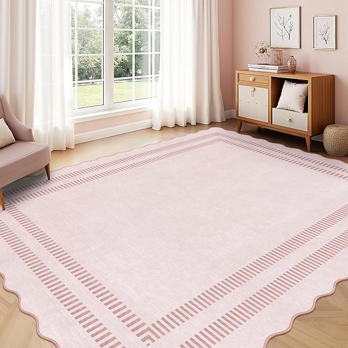 Pink Rugs for Living Room 8x10, Soild Machine Washable Area Rugs for Bedroom Girls, Non Slip Ultra-Thin Low-Pile Carpet for Playroom Nursery Kids Room
