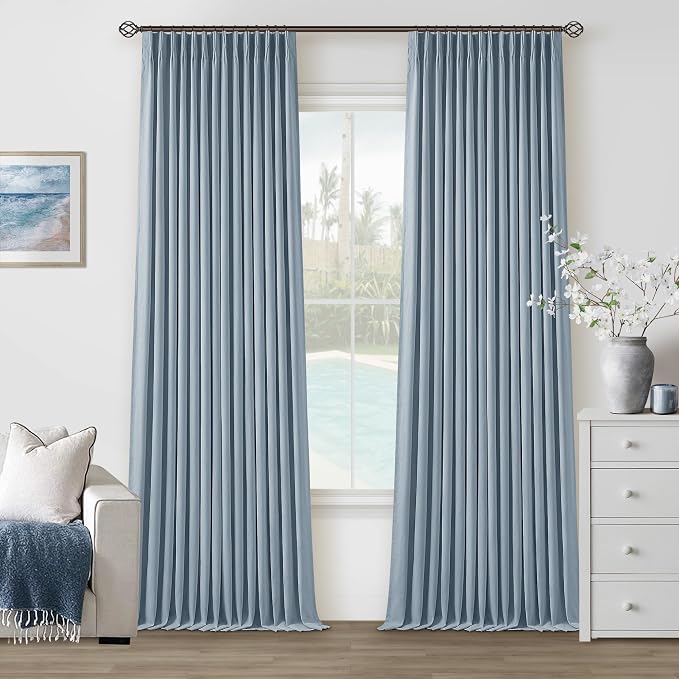 Dusty Blue Pinch Pleat 100% Blackout Linen Bedroom Curtains 96 Inch Length | Double Layer Pleat Curtains with Ring Hooks Back Tab, Black Out Room Darkening Drapes, for Living Room Bedroom, Light Blue