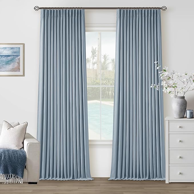 Light Blue Pleated Linen Blackout Curtains 90 Inches Long 2 Panels W40xL90 | Pinch Pleat with Ring Hooks Back Tab, 100% Black Out Thermal Insulated Drapes with Liner, for Bedroom Living Room, Dusty Blue