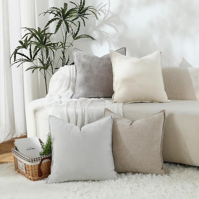 Stellhome Pack of 2 Soft Textured Throw Decorative Pillow Covers Square Accent Solid Chenille Cushion Cover Cozy Farmhouse Pillow Case for Couch Sofa Bedroom Living Room 22x22 Inch, Light Grey