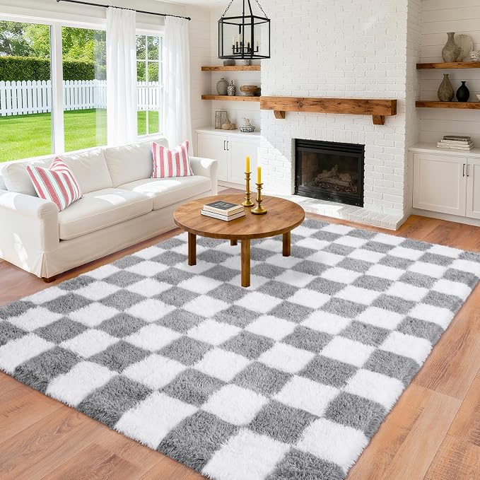 Pionblank 9x12 Area Rug, Large Fluffy Checkered Rugs for Living Room, Shag Rug for Bedroom, Soft Non Slip Shag Carpet for Kids Room Nursery Home Decor, Grey and White