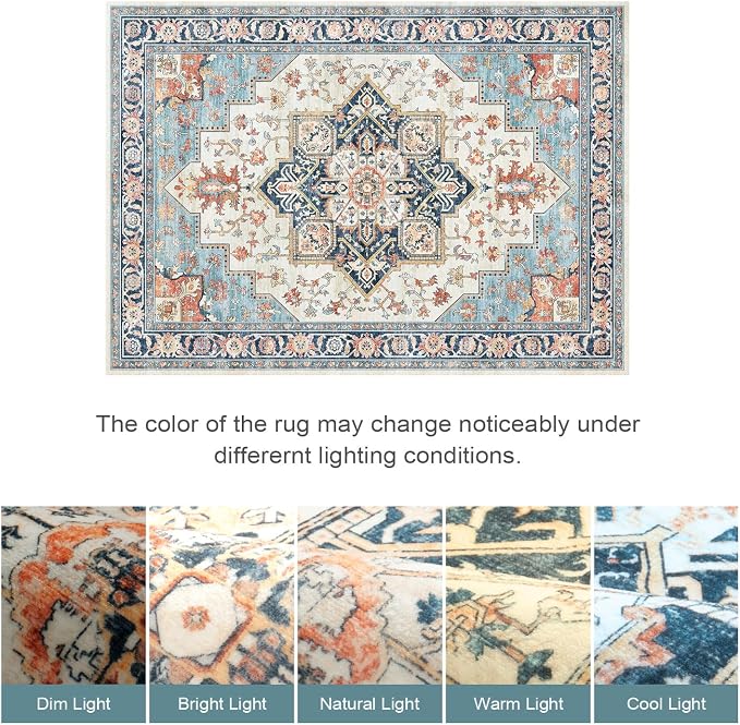 Lofus 8x10 Washable Rugs Non-Slip, Vintage Floral Area Rug for Living Room Bedroom Dining Room Kitchen, Low Pile Distress Print Carpet Home Decor Rug, Octagram Medallion Orange Blue Ivory