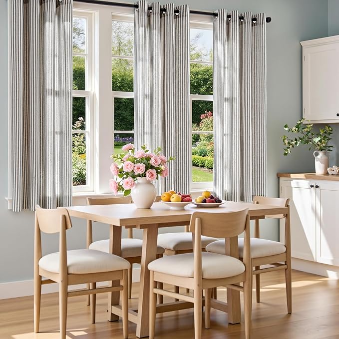 Vangao Linen Striped Curtains for Living Room Bedroom Farmhouse Tickingstripe Light Filtering Window Curtains Printed Drapes Grommet Top 2 Panels Charcoal Grey W50 x L63 Inch