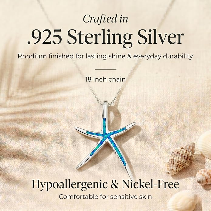 Created Blue Opal Ocean Necklace for Women, 925 Sterling Silver Pendant, 18 Inch Chain, Beach and Sea Life Jewelry Collection
