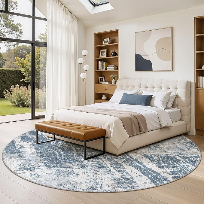 DMOYEST 6ft Round Washable Area Rug for Living Room: Modern Abstract Neutral Circle Carpet, 6x6 Soft Low Pile Non-Slip Floor Mat for Bedroom Under Dining Table, Kids & Pet - Blue
