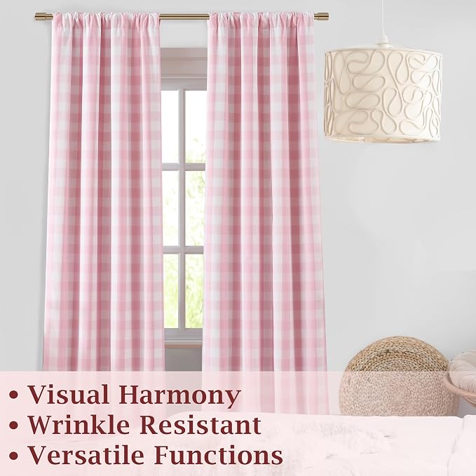 63 Inches Length Pink White Buffalo Plaid Curtains | Full Blackout Thermal Insulated Panels,Farmhouse Window Treatment for Bedroom Nursery Room,Rod Pocket Back Tabs,Pack of 2