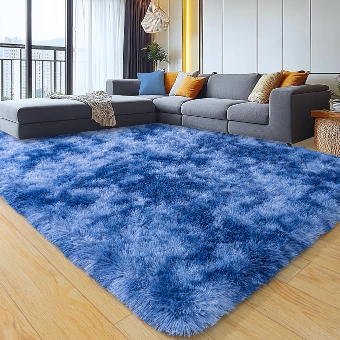 9x12 Large Area Rugs for Living Room, Tie-Dyed Blue Fluffy Shag Rug | Shaggy Shag Carpet, Soft and Comfy, Non Slip Big Fuzzy Carpet for Bedroom Nursery Kids Girls Boys Room Dorm Home Decor