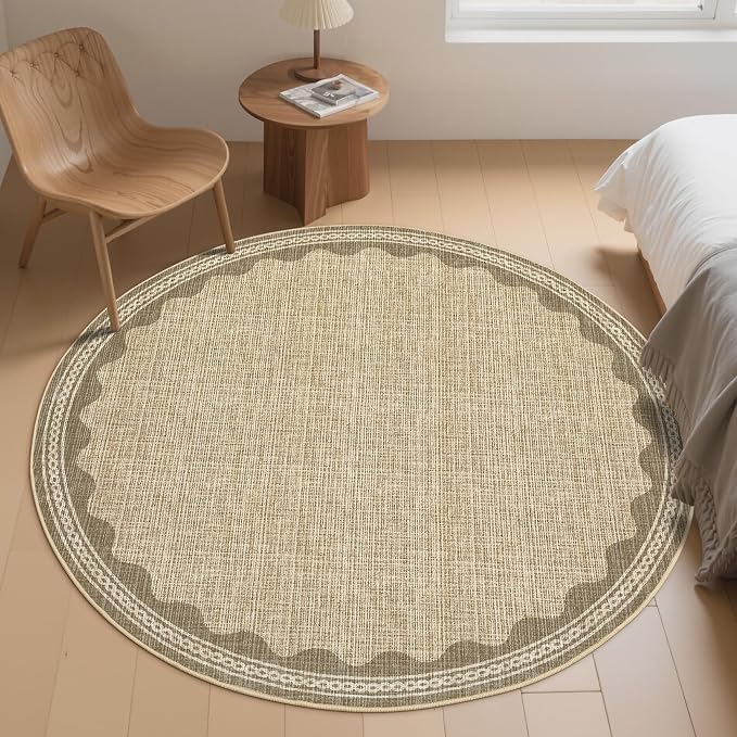4ft Scalloped Round Rug Jute Washable Living Room Bedroom Area Rugs | Small Solid Rug for Bedroom Girls, Non Slip Scalloped Round Bath Mat, Soft Dorm Nursery Carpet for Bedside