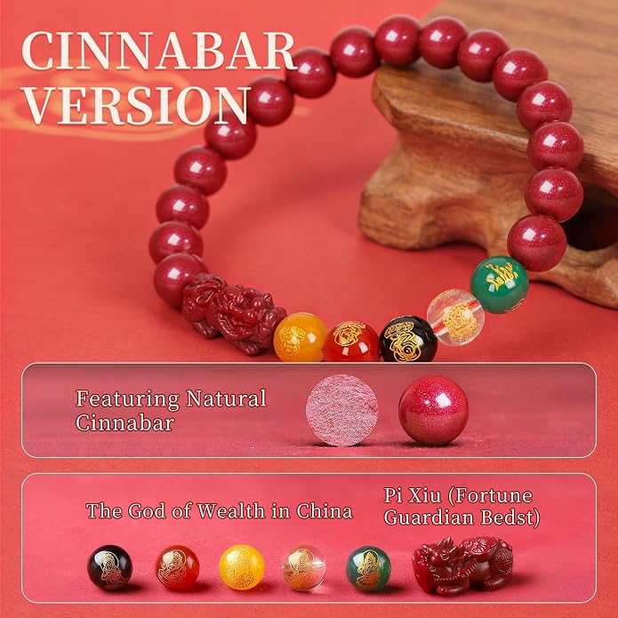 Five Roads Wealth God Cinnabar Pixiu Bracelet - Feng Shui Red String Bracelet for Good Luck & Money Attraction, Fortune Blessing for Men & Women, Adjustable Lucky Charm Bracelet (Classic & Cinnabar Options, 8/10/12mm)