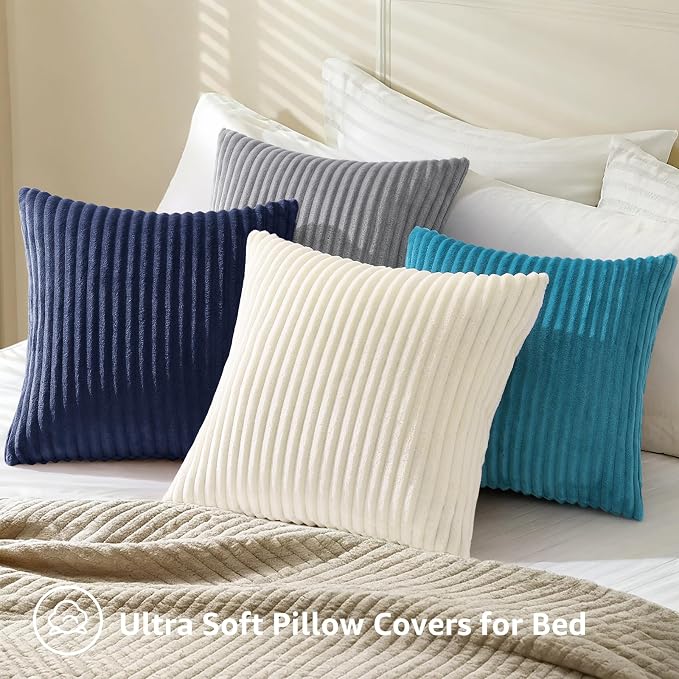 decorUhome Flannel Neutral Teal Throw Pillow Covers 20X20 Set of 4 | Decorative Fall Soft Fluffy Striped Double-Sided Couch Pillow Covers, Modern Farmhouse Pillow Cases for Sofa bed Home Decor