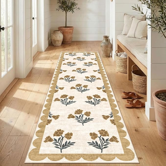 Non Slip Washable Kitchen Runner Rug - 2x8 Long Beige Hallway Runner Rugs Soft Boho Runners for Hallways Vintage Floral Scalloped Runner Rug for Bedroom Entryway Laundry Room Bathroom Foyer