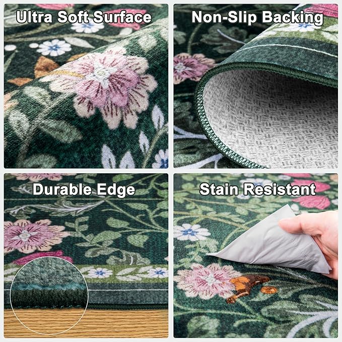Runner Rug for Entryway: 2.6x14 Kitchen Rugs Non Slip Washable Ultra-Thin Soft Floral Carpet Indoor Floor Stain Resistant Carpets for Hallway Bedroom Kitchen Laundry Bathroom Dorm Dark Green