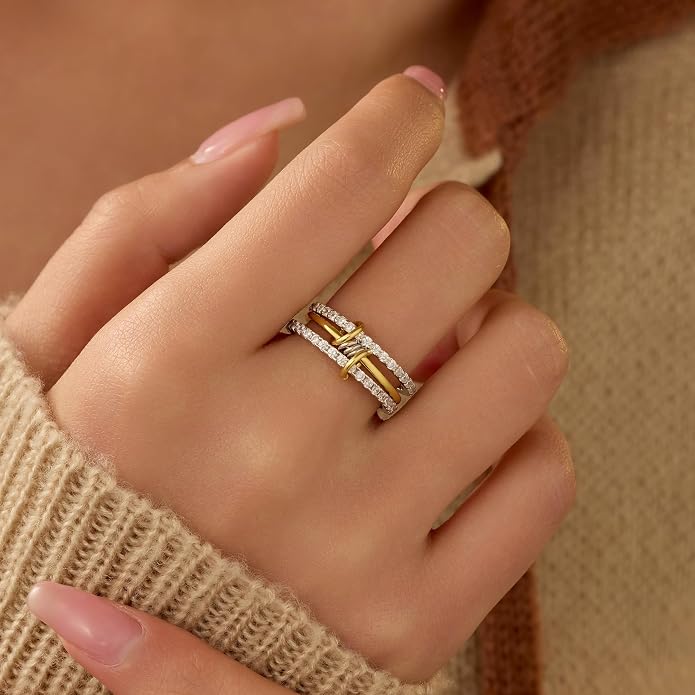 925 Sterling Silver Interlocked Spinelli Ring Stackable Rings for Women Men Non Tarnish Dainty 14K Gold Plated Chunky Rings Two Tone Cubic Zirconia Ring 3 Finger Ring Knuckle Pinky Ring Set Jewelry Gift