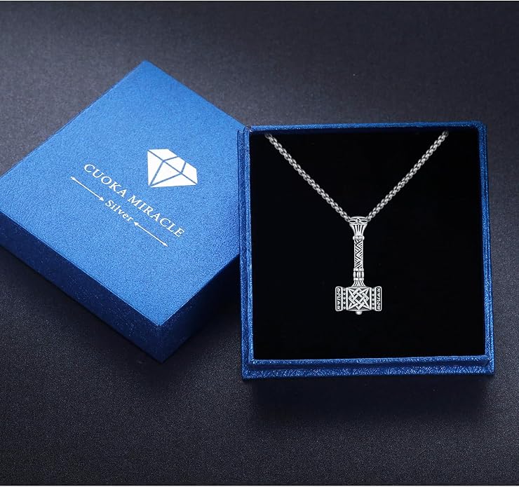 CUOKA MIRACLE Thor Hammer Necklace 925 Sterling Silver Norse Mjolnir Hammer Necklace Vintage Rune Amulet Viking Necklace Jewelry Viking Gift for Women Men