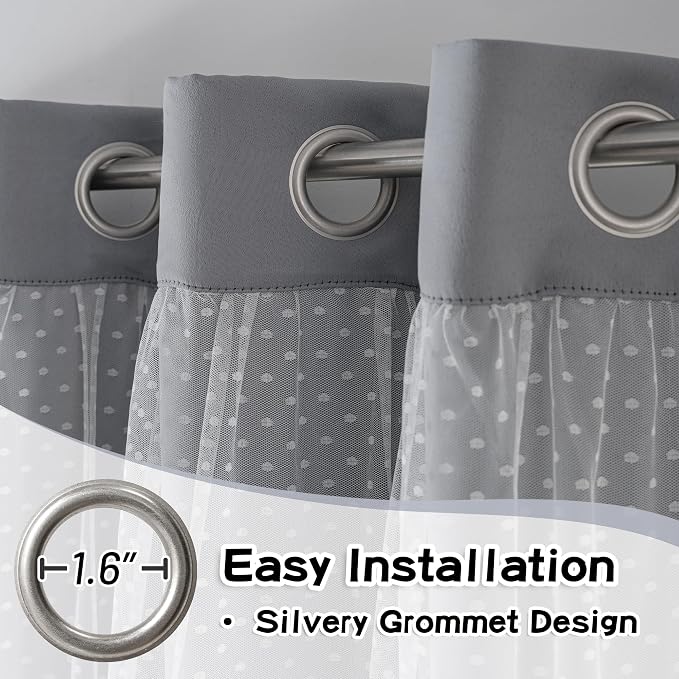 MYSKY HOME 65% Blackout Short Curtains for Girls Bedroom & Nursery Kids Grey Cute Curtains 63 inch Long Double Layer with Polka Dots Sheer, Grommet Tops, 52" Wide Each Panel, 2 Panels