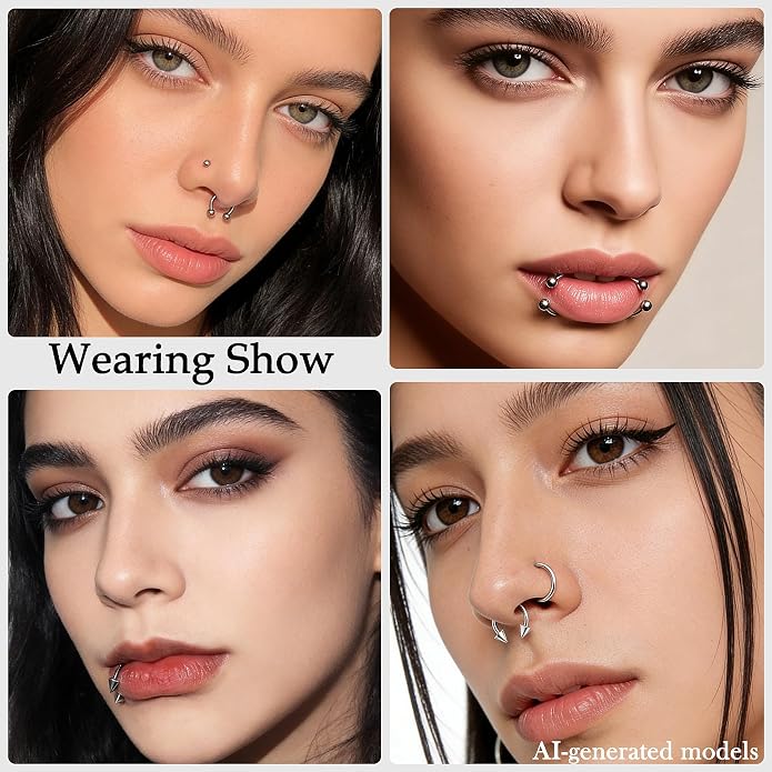 20G-00G Septum Rings horseshoes Nose Rings Hoops 316L Surgical Steel Snake Bites Lip Nipple Ring Cartilage Tragus Helix Rook Conch Daith Earrings Pa Piercing Jewelry for Women Men