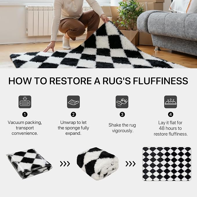 GENIMO Checkered Rug 5x7 Area Rugs for Kids Bedroom Soft Shag Rug Fluffy Fuzzy Carpet Plush Rugs for Living Room Nursery Playroom Dorm Modern Home Decor Aesthetic, Black and White